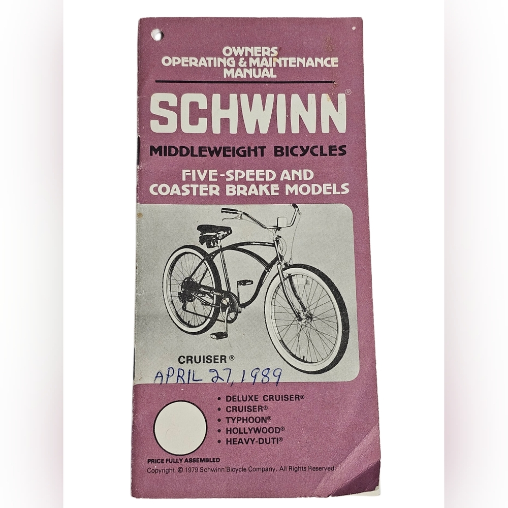 Schwinn Middleweight Five-Speed Coaster Brake Cruiser Bicycle Owners Manual 1979